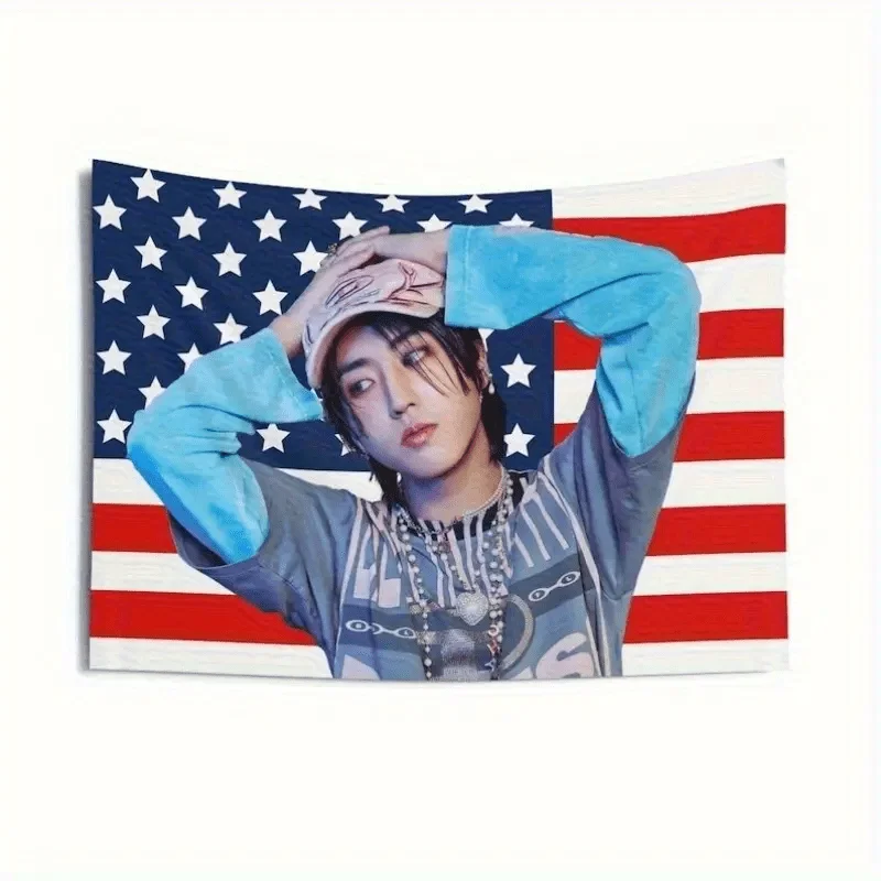 1 JJAM American flag wall hanging, a Jisung & SKZ Kpop concert banner featuring a patriotic American flag design for home décor.