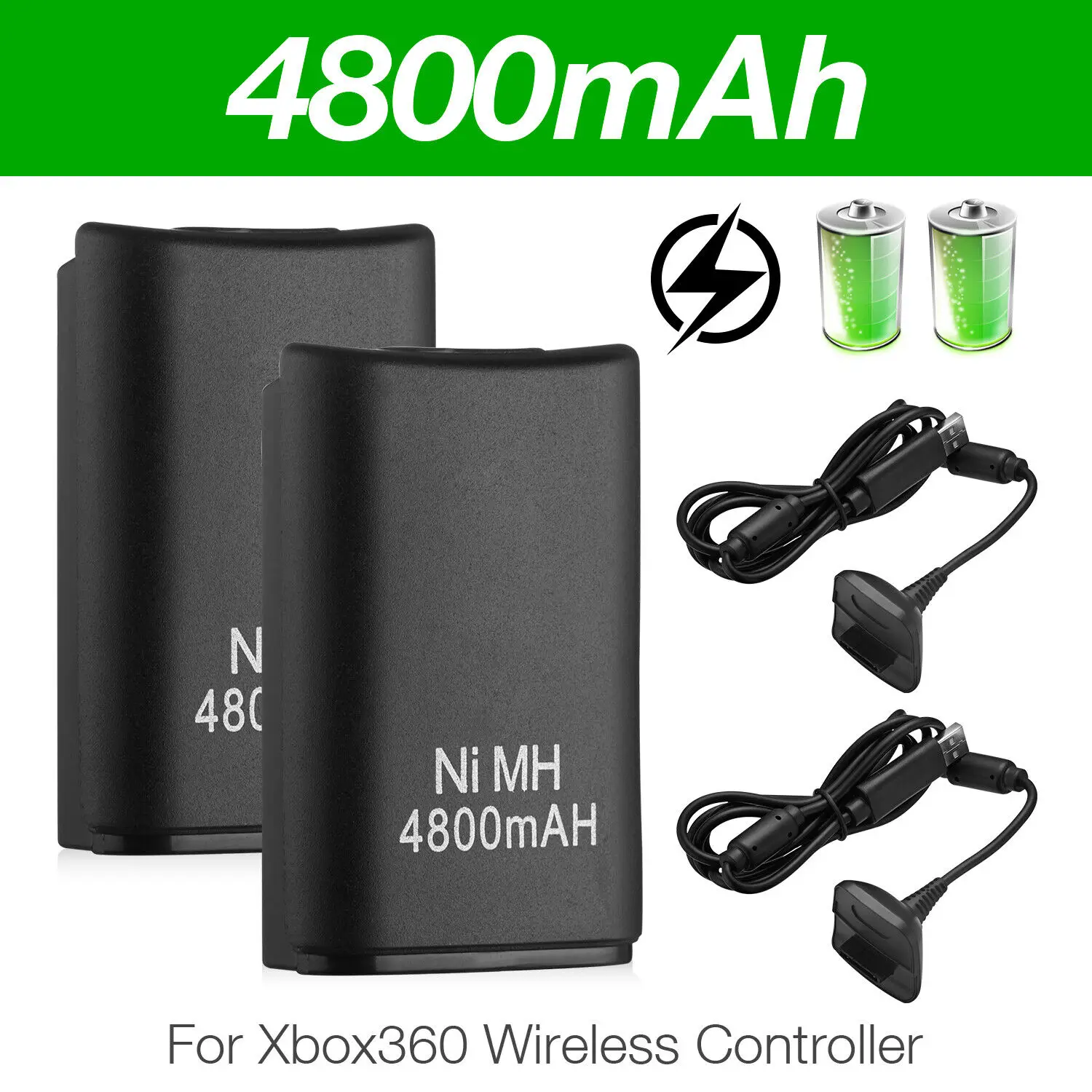 2pcs 4800mAh Ni-MH Rechargeable Battery Pack+Charger Cable Dock For Xbox 360 Wireless Controller