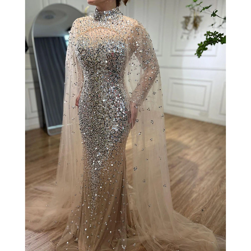 Luxury Arabic Formal Dress for Women Caftan Prom Dresses Cap Sleeves Silver Appliques Exquisite Women\'s Party Gown