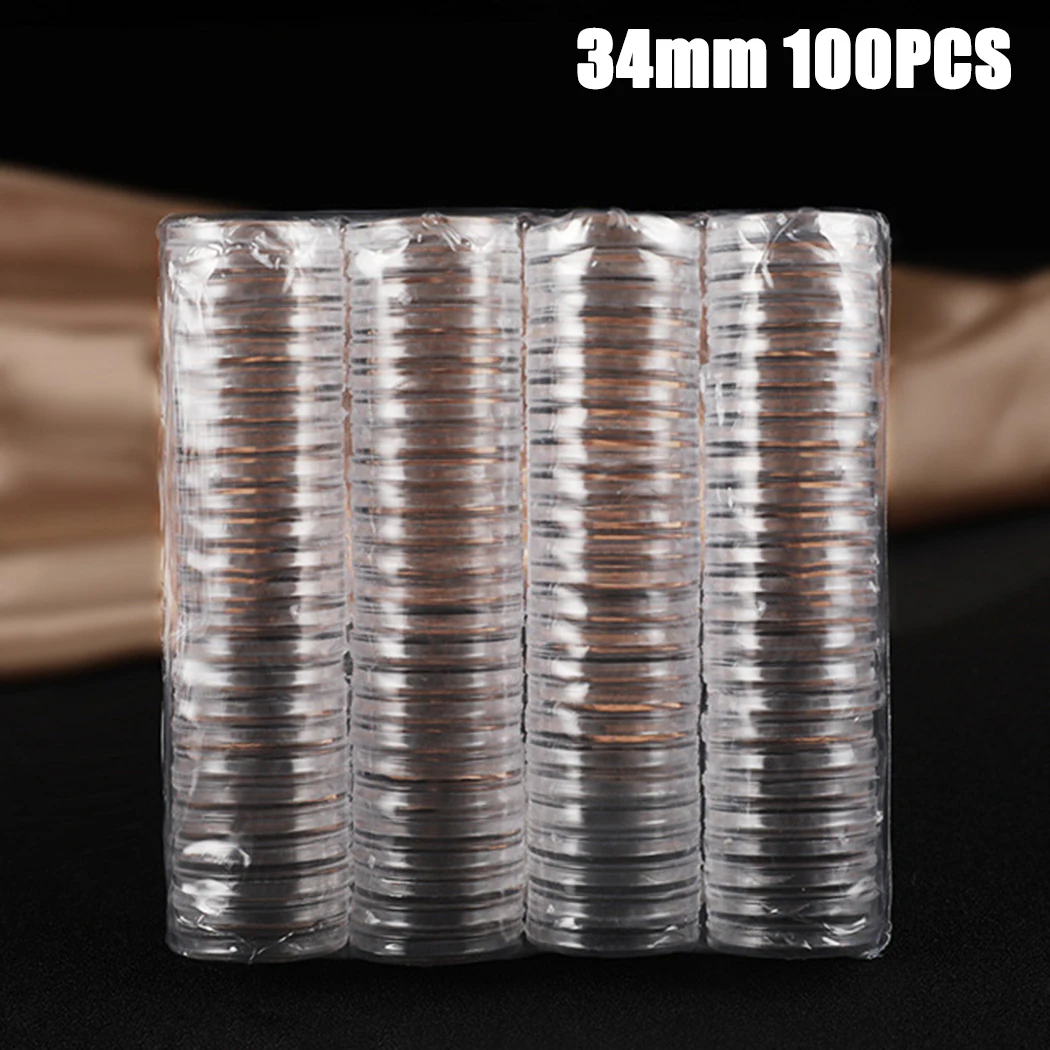 100Pcs 34mm Coin Cases Capsules Holder Applied Clear Plastic Round Storage Boxes Protector Cases Collection Container