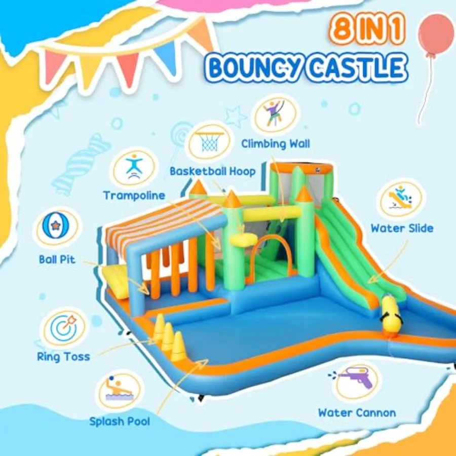 Inflatable Water Slide for outdoor use, PVC material, blue and yellow, includes splash pool, bouncy house, 550W blower, ball pi