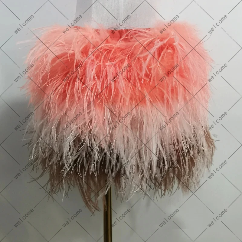 True ostrich feather Multicolor Mini Skirt Elastic Waist  Sexy Clothing Club Party Dance Rave Short Skirt Note select 3 colors