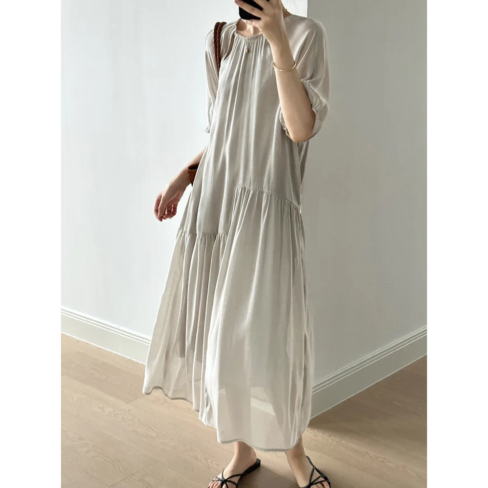 Women Dress Design Sense Hollowed Out Crew Neck Dress 2024 Summer New Girls Bubble Sleeve Pleated Fashion Elegant Loose Skirt