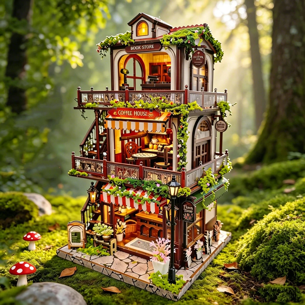 DIY 3D Wooden Layers of Time Book Cafe Cottage Jigsaw Puzzles Miniature Model Kits Mini Casa for Friends Birthday Gifts