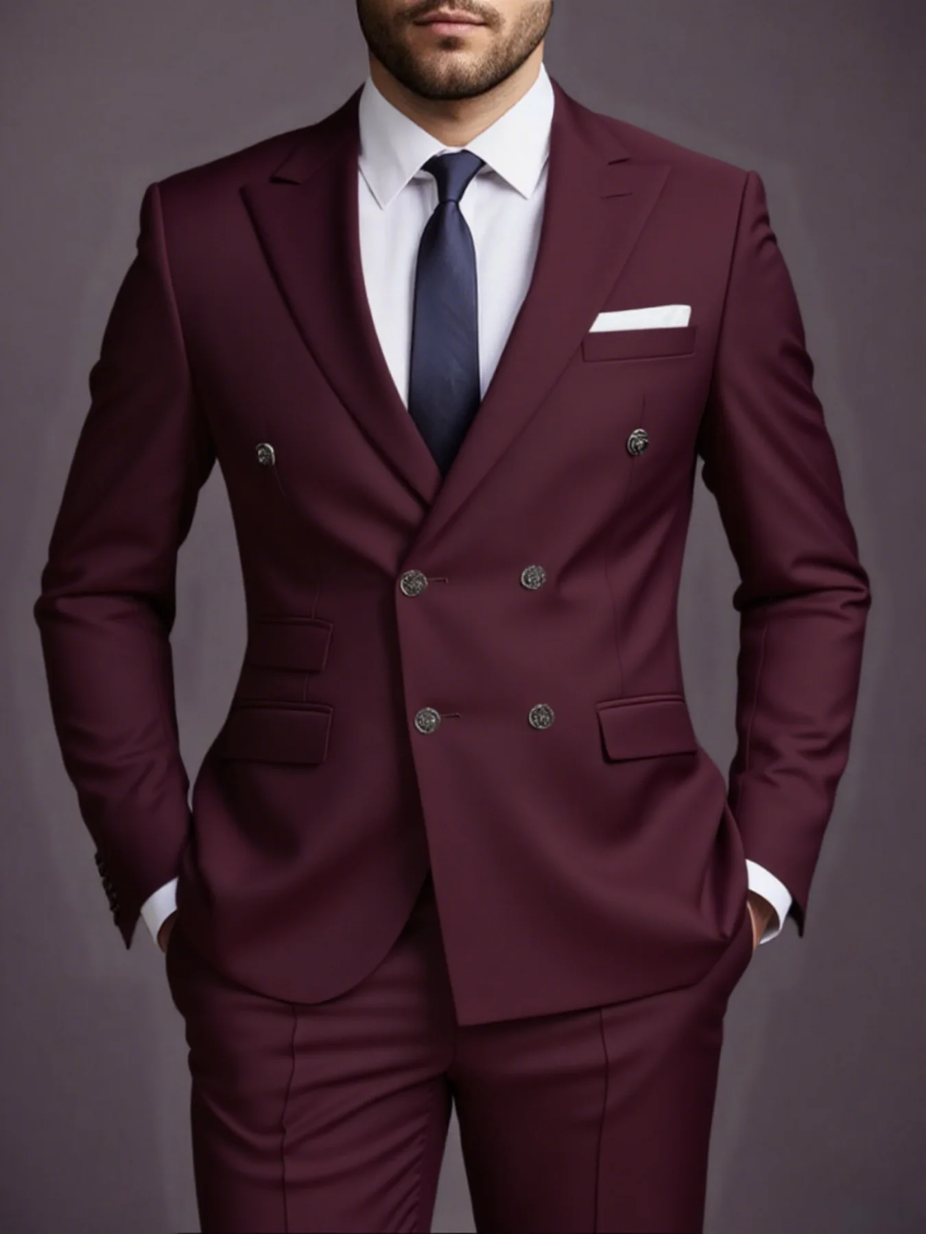 

[Business Suit]Men's 2 Pcs Peak Lapel Double Breasted Suit Set Jacket Pants for High-end Watch Launch Event​