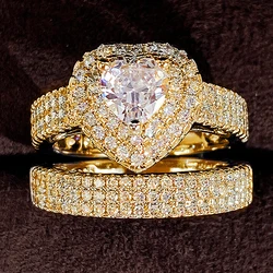 Huitan 2023 Trendy Double Set Heart Rings for Women 3 Metal Colors Available High Quality Luxury Cubic Zirconia Set Ring Jewelry