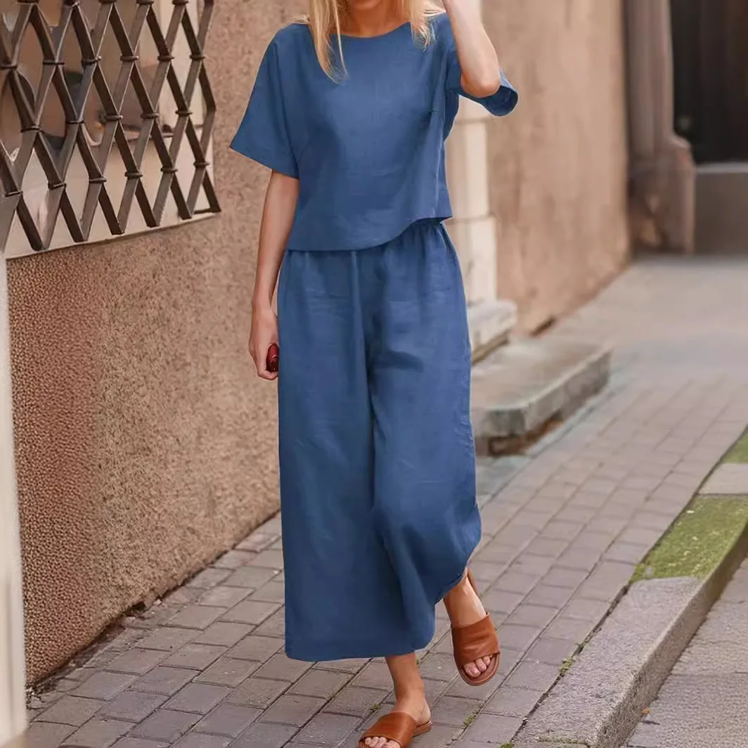 Women\'s Short Sleeve Shirt Top Wide Leg Pants Two Piece Set 2024 Fashion Summer Product Casual Hoodie Loose Solid Color Ladies