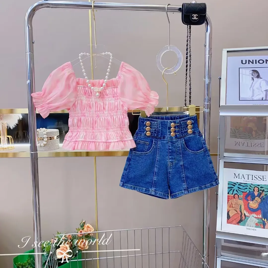 

2023 baby girl clothes set musim panas bayi perempuan Atasan+celana pendek jeans setelan putri manis 4-10 roupas infantis menina