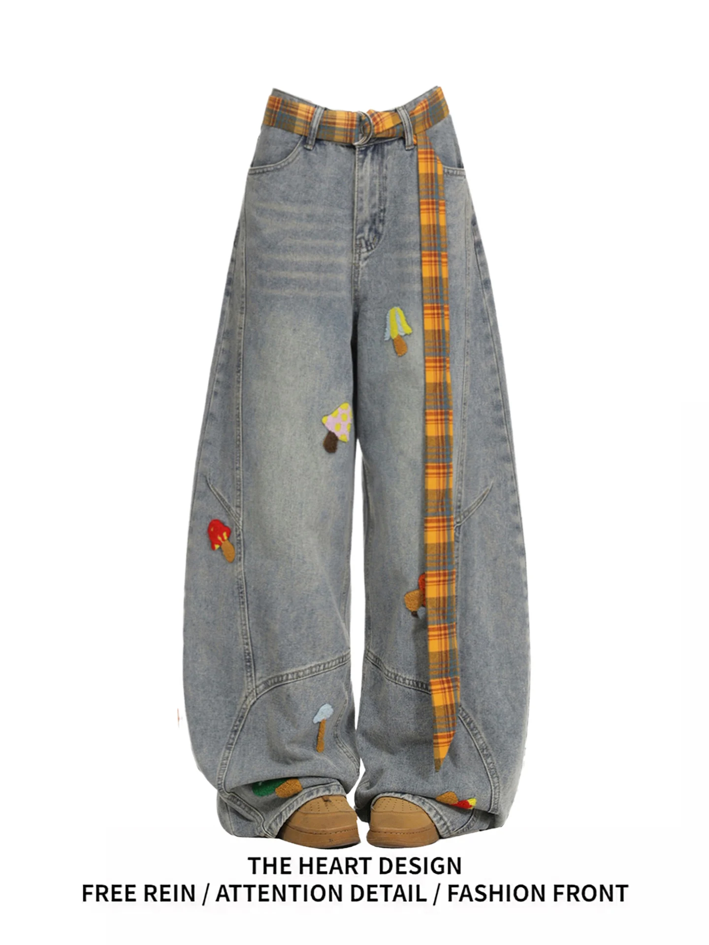 

Retro American Cartoon Embroidered Towel Loose Wide Leg High Waist Denim Jeans for Women Spring Autumn New Sle Blue Color