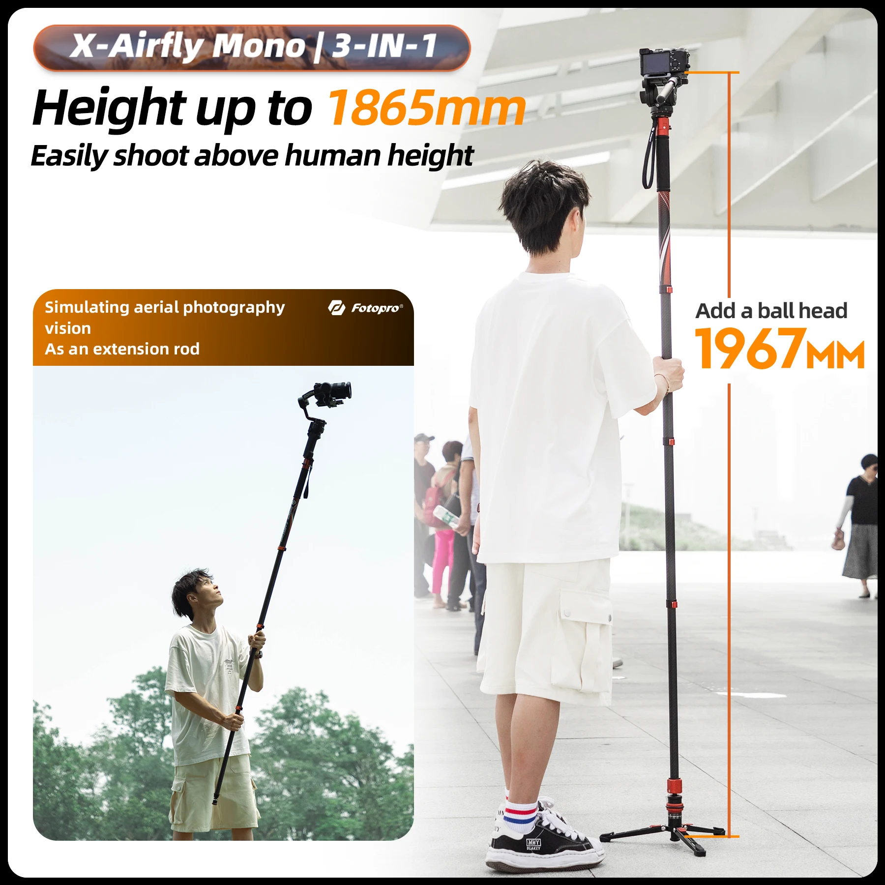 Fotopro Carbon Fibre Monopod Bundle with Pedal Locking Video Fluid Head 186CM 3-in-1 Travel Monopod for DSLR Camera