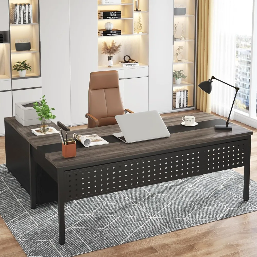 

Large Executive Office Desk and 47" Lateral File Cabinet Combo, L-Shaped Computer Desk Business Furniture with Drawers and