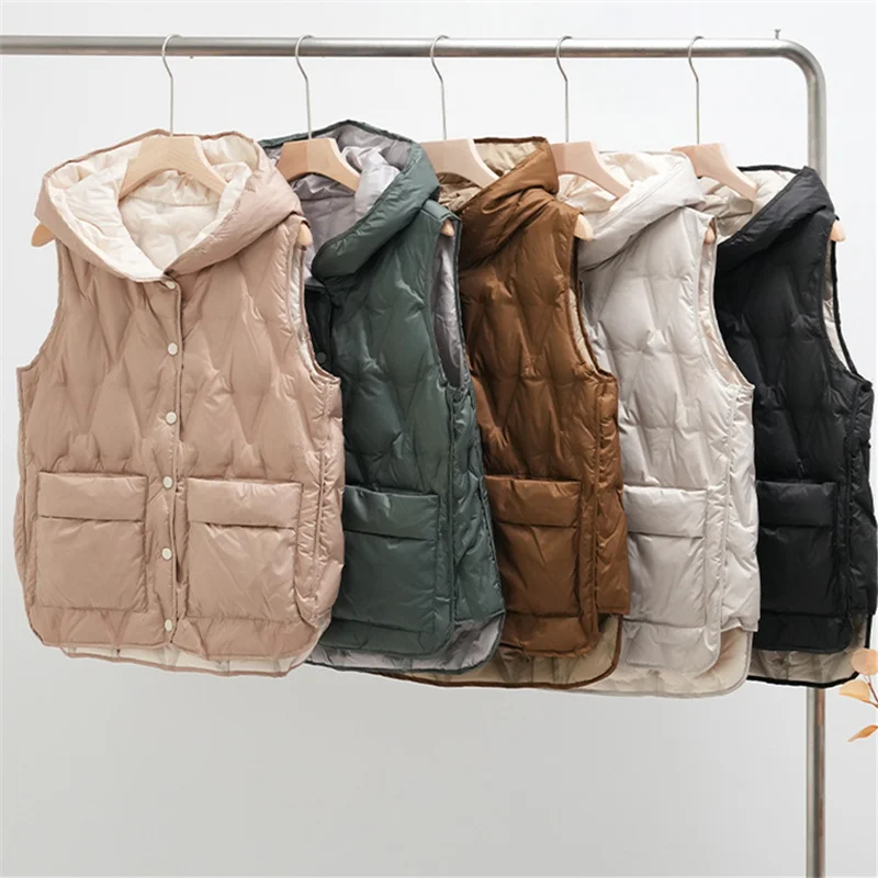 Autunno inverno leggero sottile bianco piumino d'anatra gilet donna caldo con cappuccio giù serbatoio Jakcet signore Casual allentato senza maniche gilet