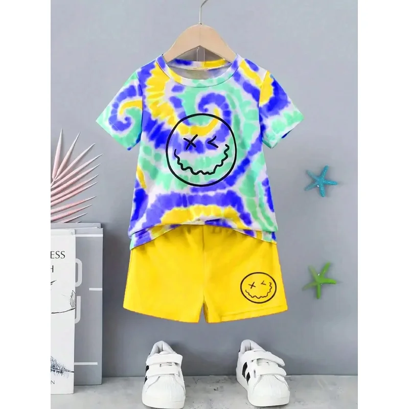 Children's Gradient Color Smiling Face Pattern Clothing Set round Neck Short Sleeve Top Elastic Waist Shorts