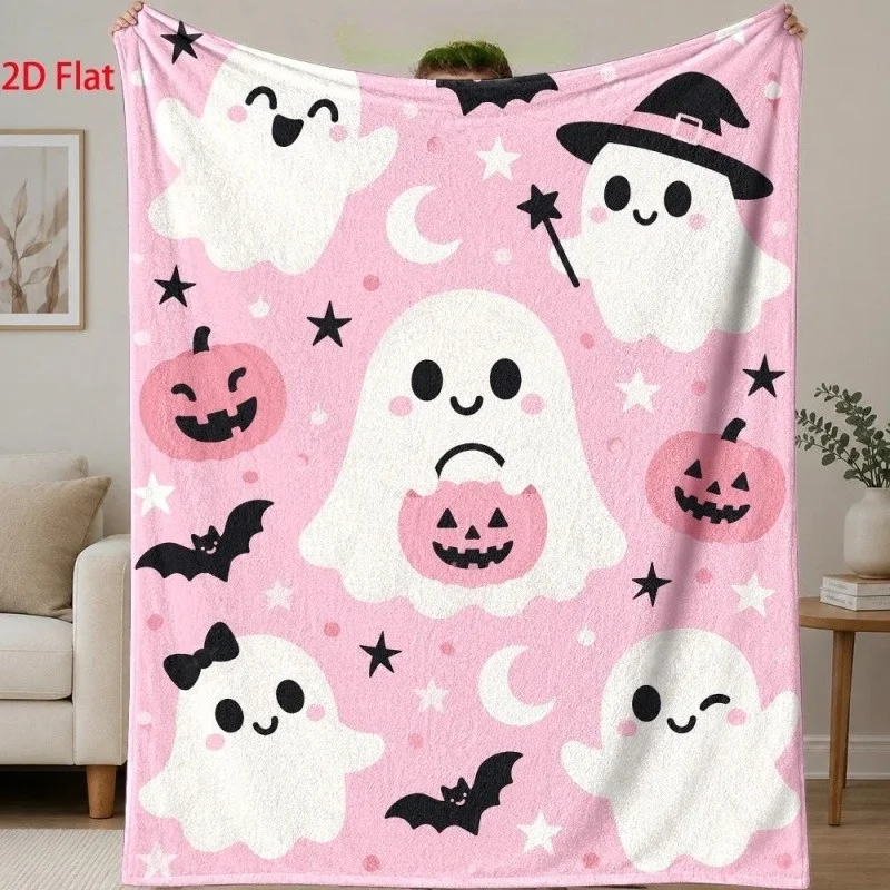 Pink Halloween Ghost Pumpkin Bat Flannel Throw Blanket,Witch Hat Star Moon Candy Print Soft Warm Blanket for Sofa Bed Home Decor