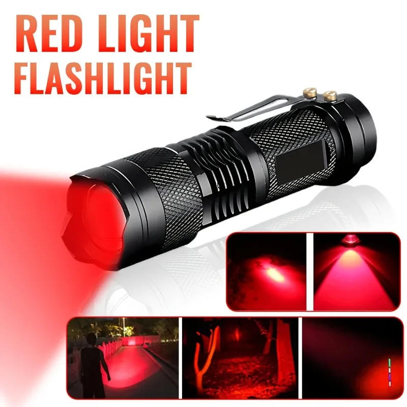 Mini lampe de poche à LED rouge avec clip, en alliage d’aluminium, à haute luminosité et à mise au point variable, idéale pour l’observation astronomique, l’aviation et les activités de plein air.