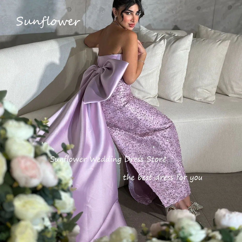 Sunflower Purple Beading Strapless Satin Mermaid Prom dress 2024 Slim Backless Bow Floor-Length Evening Dress Party Dress