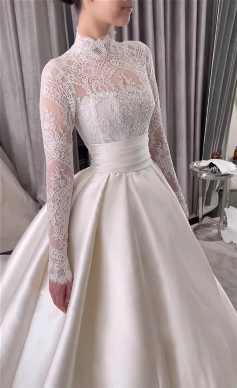 2025, elegante A-Linie, Spitze, Brautkleider, Stehkragen, lange Ärmel, Knopfleiste hinten, Zug, Brautparty-Kleider, Vestidos De Noiva