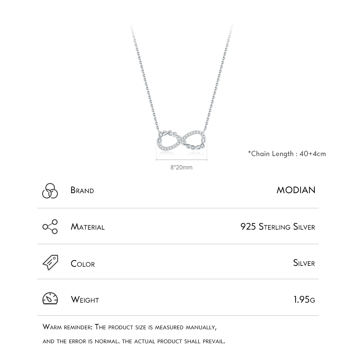 MODIAN Solid 925 Sterling Silver Romantic Infinite Love Pendant Necklace Shining Clear Cubic Zirconia For Women Anniversary Gift