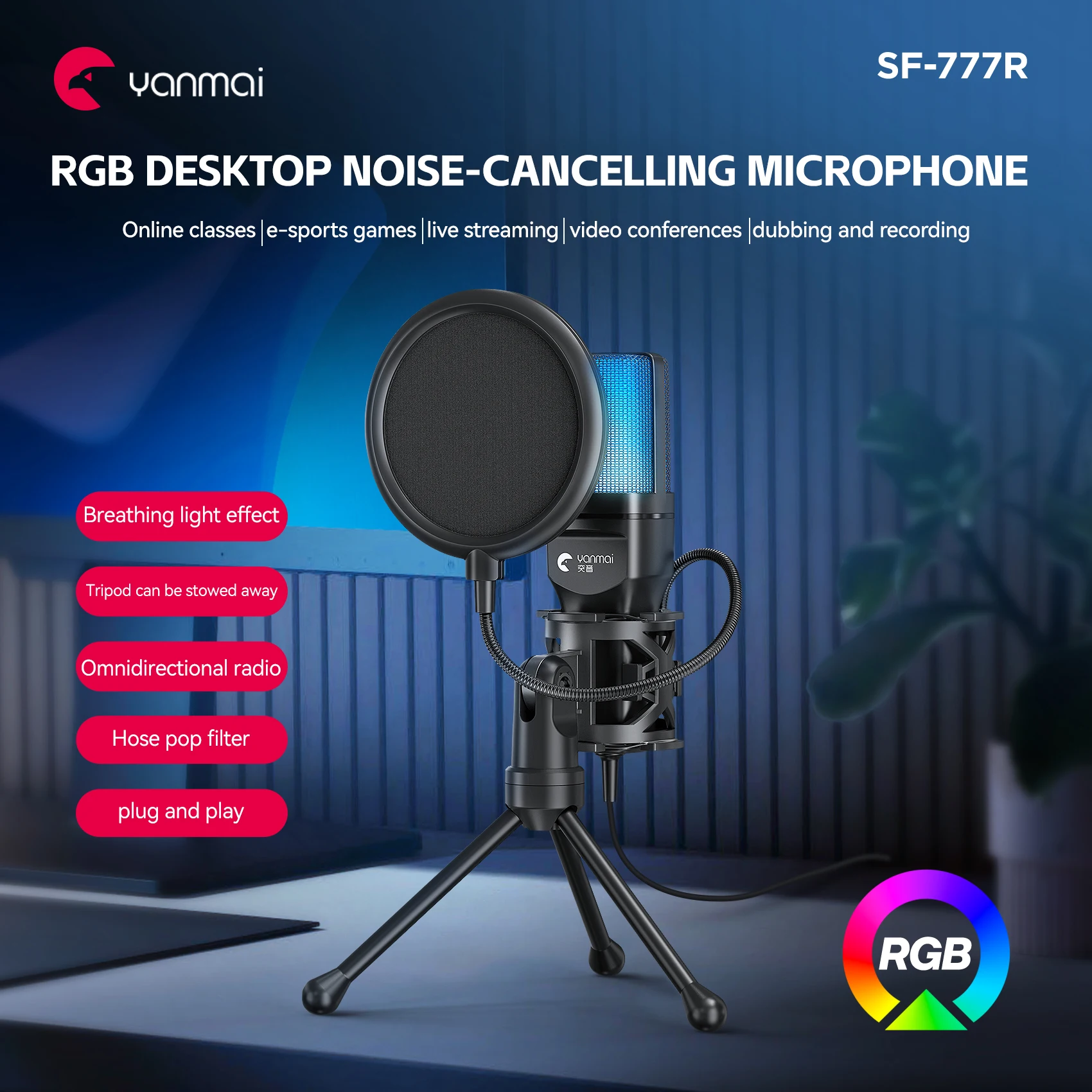 

777R RGB condenser microphone professional recording and live streaming equipment gaming/karaoke microphone home USB plug and pl