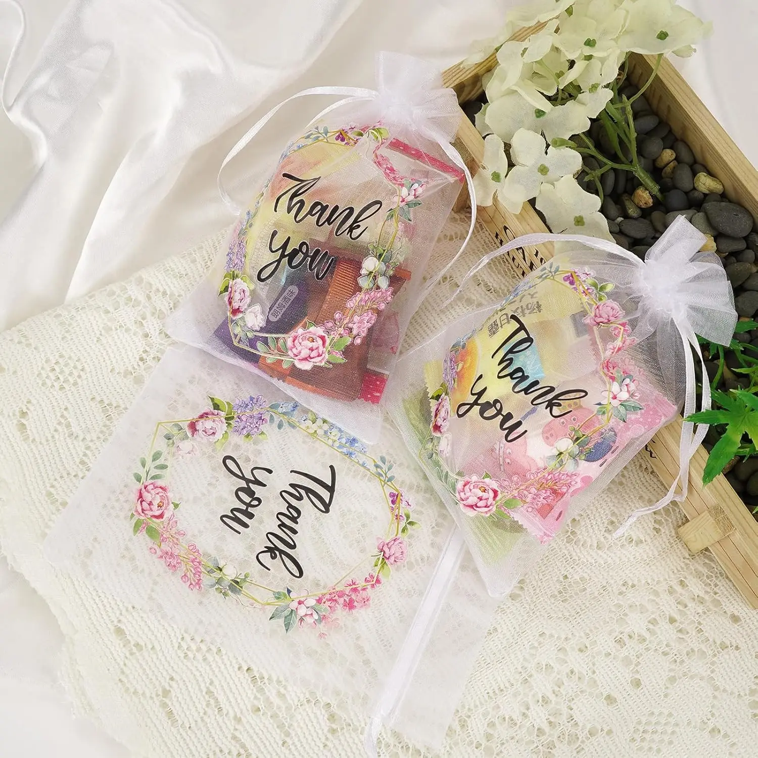

50 шт. прозрачные пакеты из органзы на шнурке, подарочные пакеты из органзы с благодарностью, свадебная сумка оптом, сетчатая подарочная упаковка для ювелирных изделий и конфет
