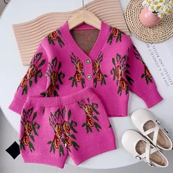 Menoea 2024 Winter Fashion Baby Long Sleeve V-neck Knitted Top + Floral Print Shorts Girls Sweater Sets