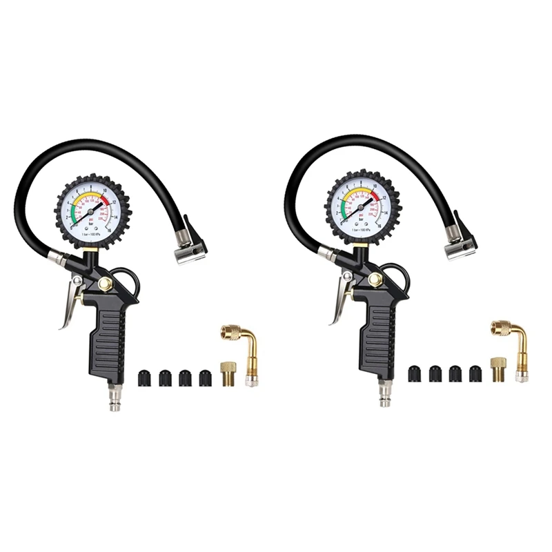 2X Tire Pressure Gauge 220 PSI Tire Inflator With 90 Degree Valve Extender Air Compressor For Car Motorcycle Bike Truck