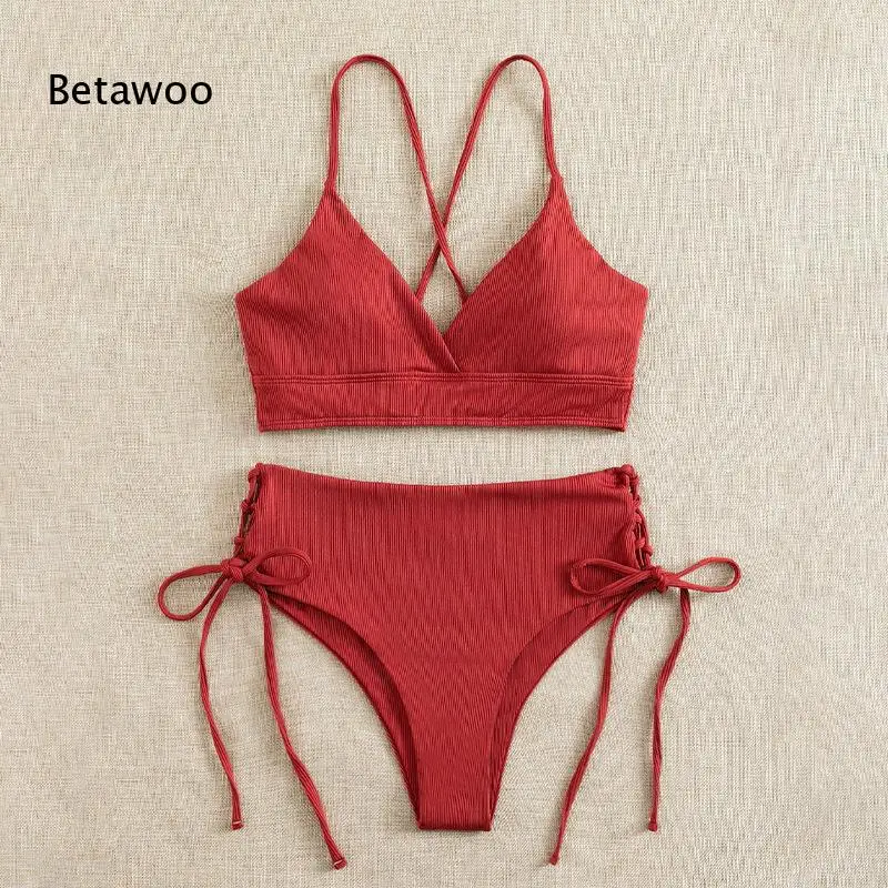 

Women's Ribbed Crisscross Halter Bikini Set Two Piece Swimsuit with Tie Side Bottoms Beach Swimwear for Summer
