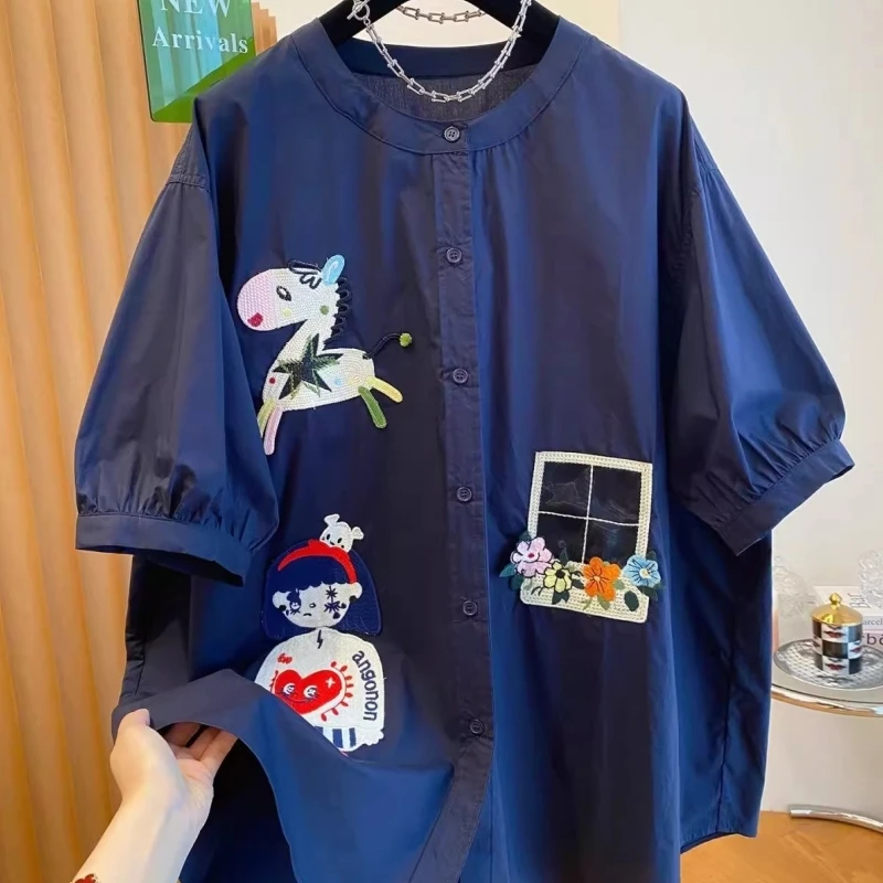 

Large Size Korean Style Short Sleeve Shirt Men's Clothing Summer Fun Pattern Embroidery Design Lantern Sleeve Top