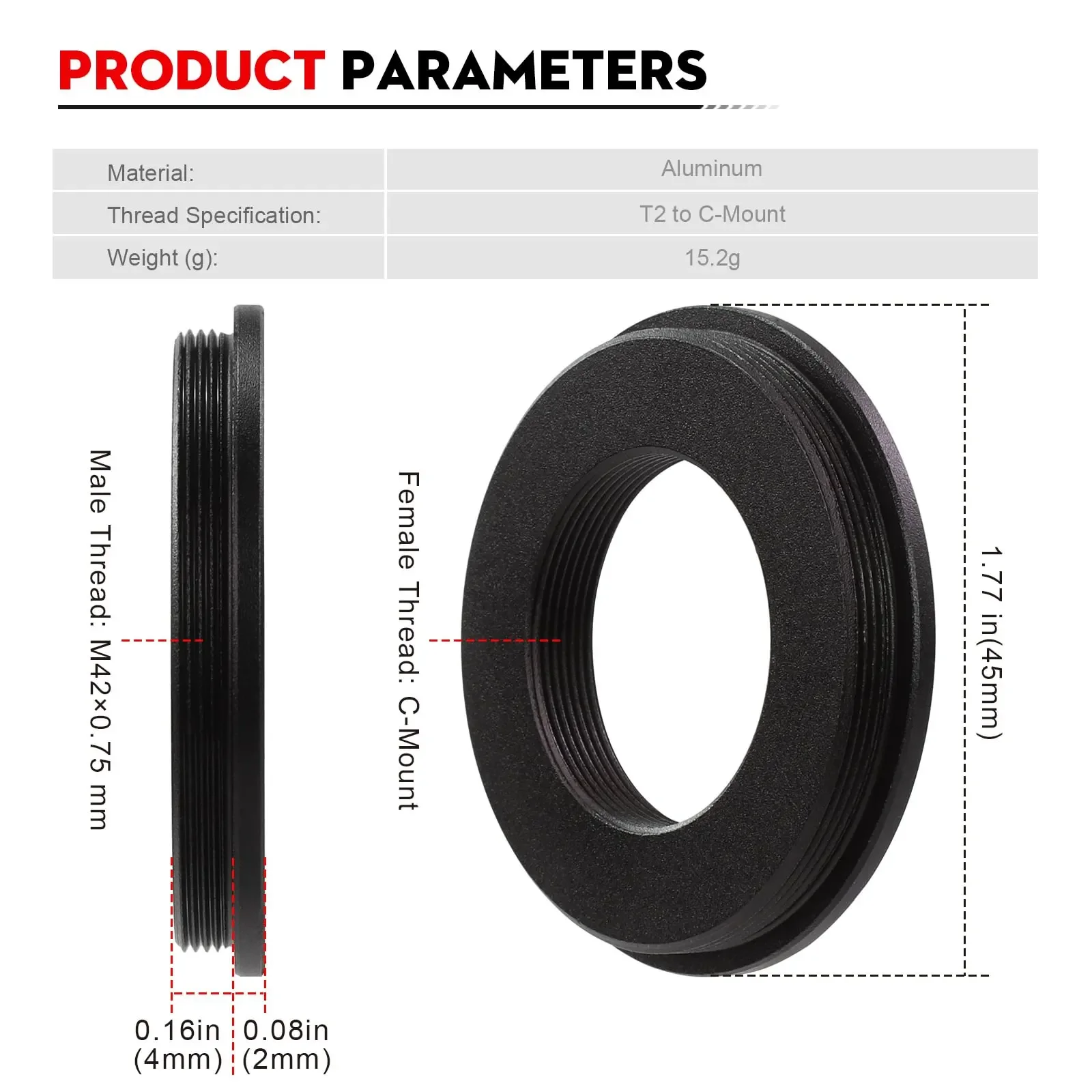 Datyson M42x0.75 Male to C/CS Mount Adapter Ring for CCTV Camera Industrial Lens B5P9866A view 2