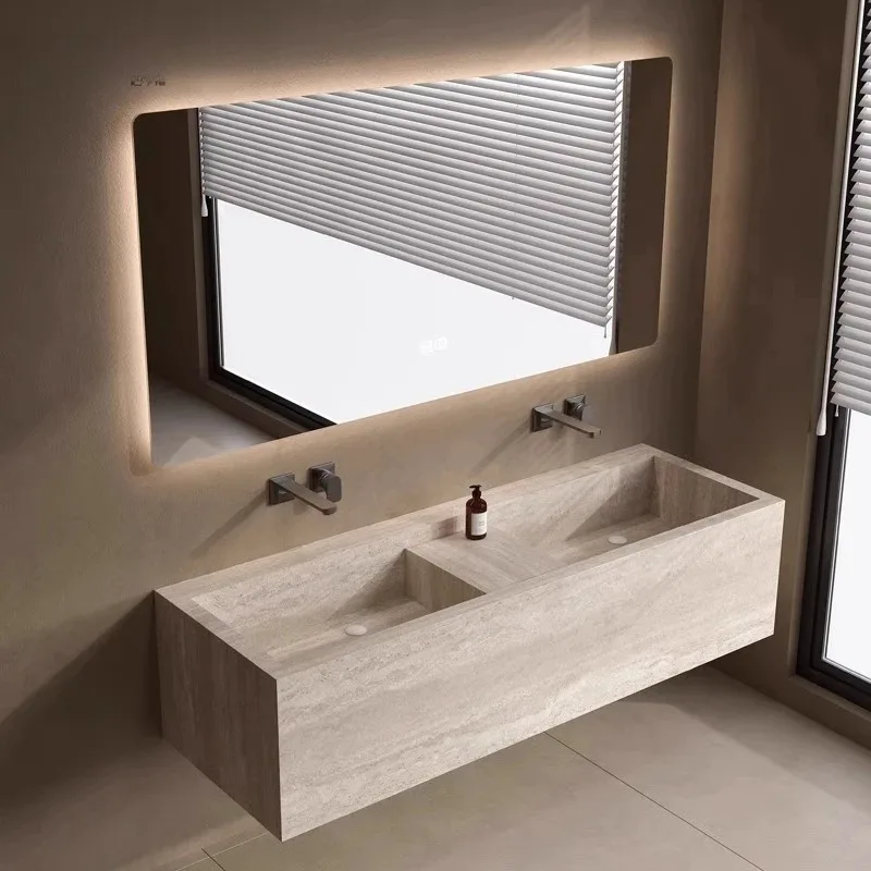 Rock Slab Seamless Integrated Basin Bathroom Cabinet Combination, Single Stone Pattern Wash Basin with Pre-drilled Faucet Hole