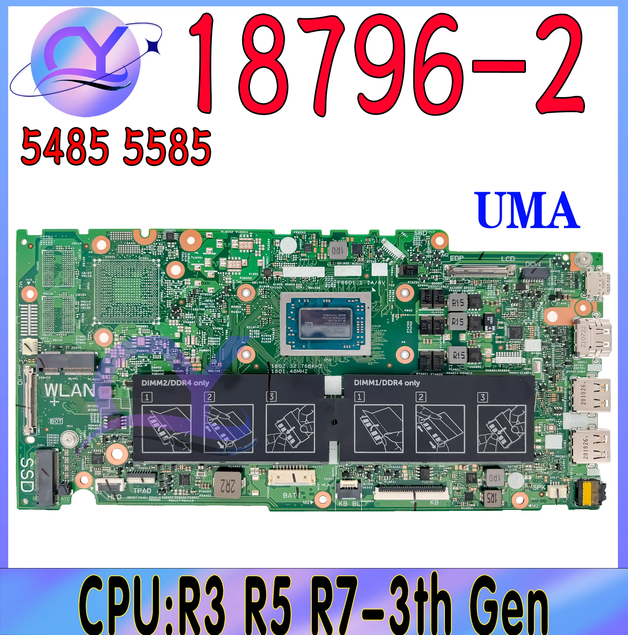 

18796-2 Laptop Motherboard For DELL Inspiron 14 5485 15 5585 0FNM6F CN-004JF3 04JF3 Mainboard With R3 R5 R7-3th Fast Shipping