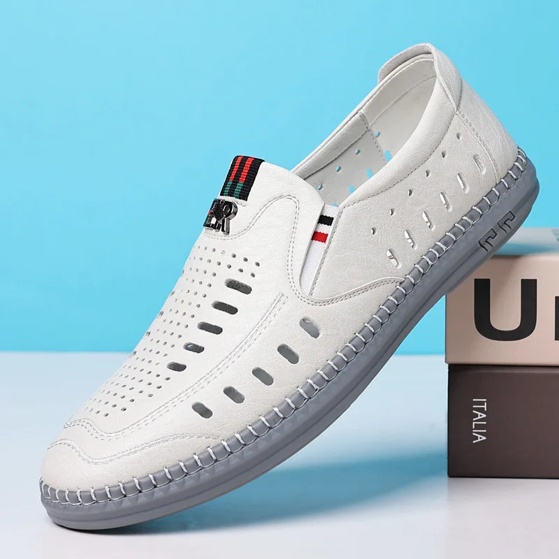 

2026 Men's Sandals with Foot Set, Business Hollow Men's Shoes, Soft soled Leather Shoes, White Shoes
