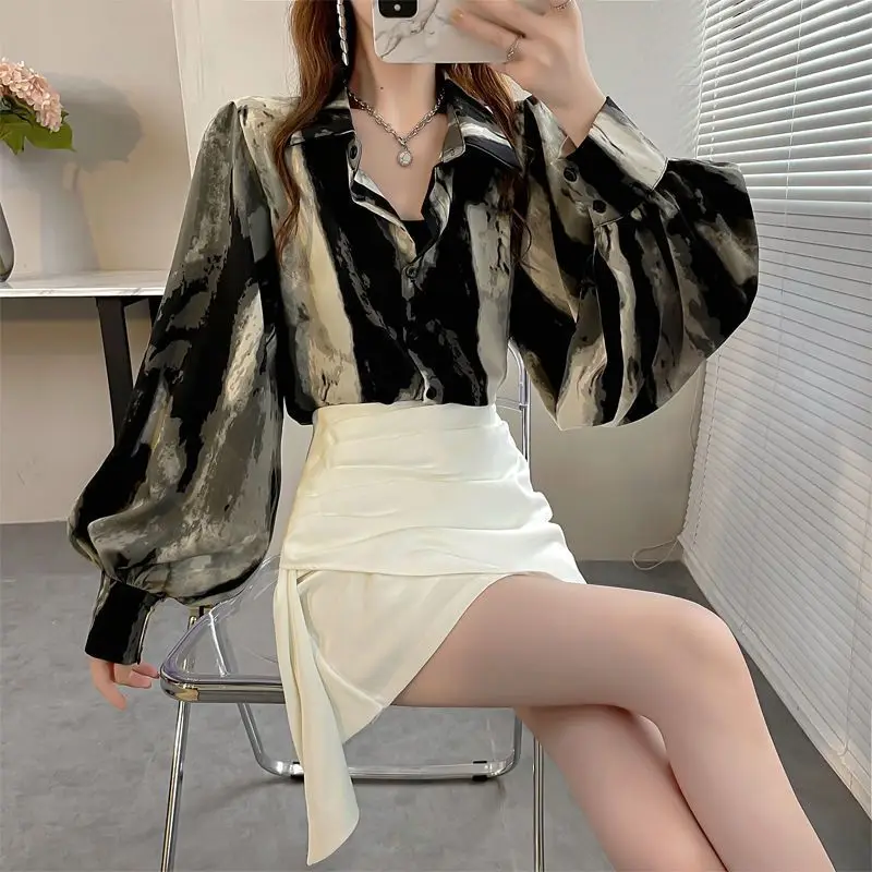 2023 Summer Fashion Polo Neck Tie Dyed Button Lantern Sleeve Front Short Back Long Cardigan Casual Loose Commuter Women\'s Shirt