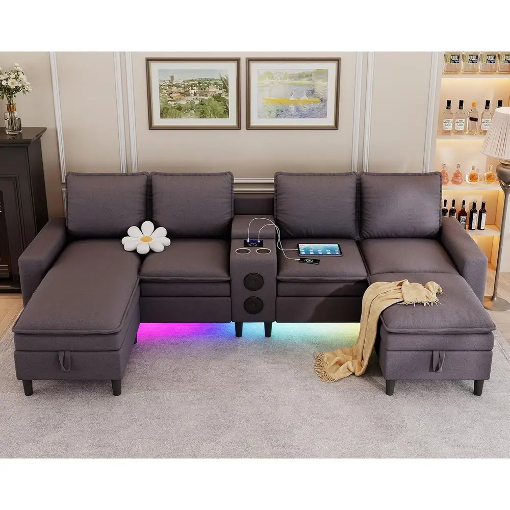 

4-Seat Living Room Sectional Sofa with Bluetooth Speaker, RGB Lighting, and Charging Station, Plus Storage Ottoman in Cloud Shap