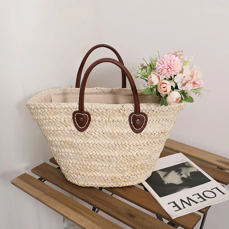 Corn Husk Hand-woven Portable Basket Everything Daily Large Capacity Straw Braided Bag Female Seaside Holiday Photo Beach Bag