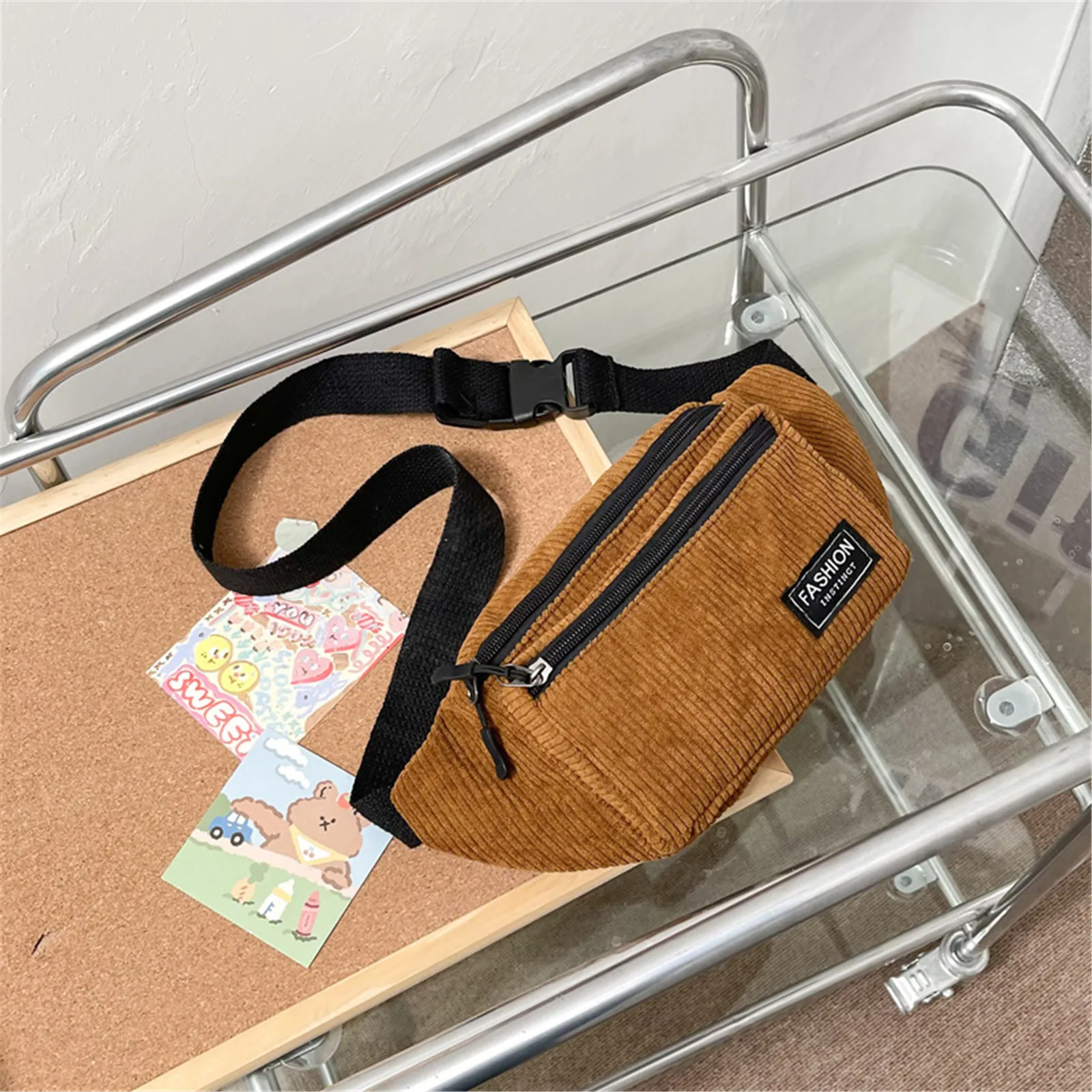 ISKYBOB Men Corduroy Waist Bag Canvas Ladies Shoulder Crossbody Bags for 2023 Winter Fanny Pack Fashion Phone Female Chest Bag