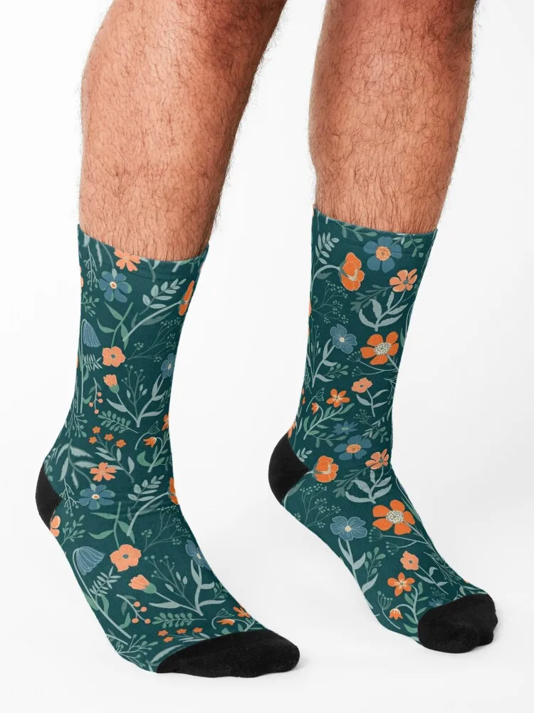 Teal & Orange Botanical Garden Floral Print Socks cycling floor Novelties football Socks Man Women's