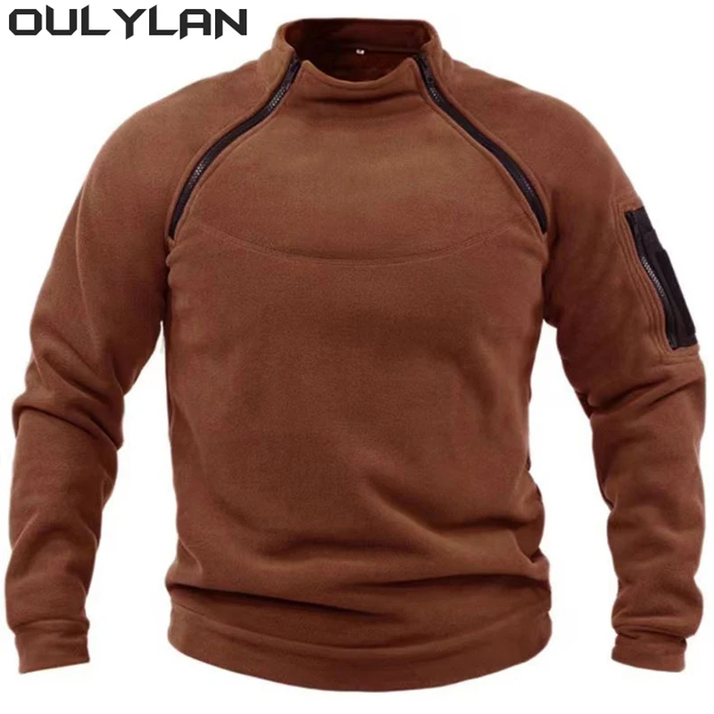 Oulylan Winter Men's Standing Collar Fleece Pullover Solid Color Tactical  Jacket Hunting Clothes Zippers Windproof Thicken Coat