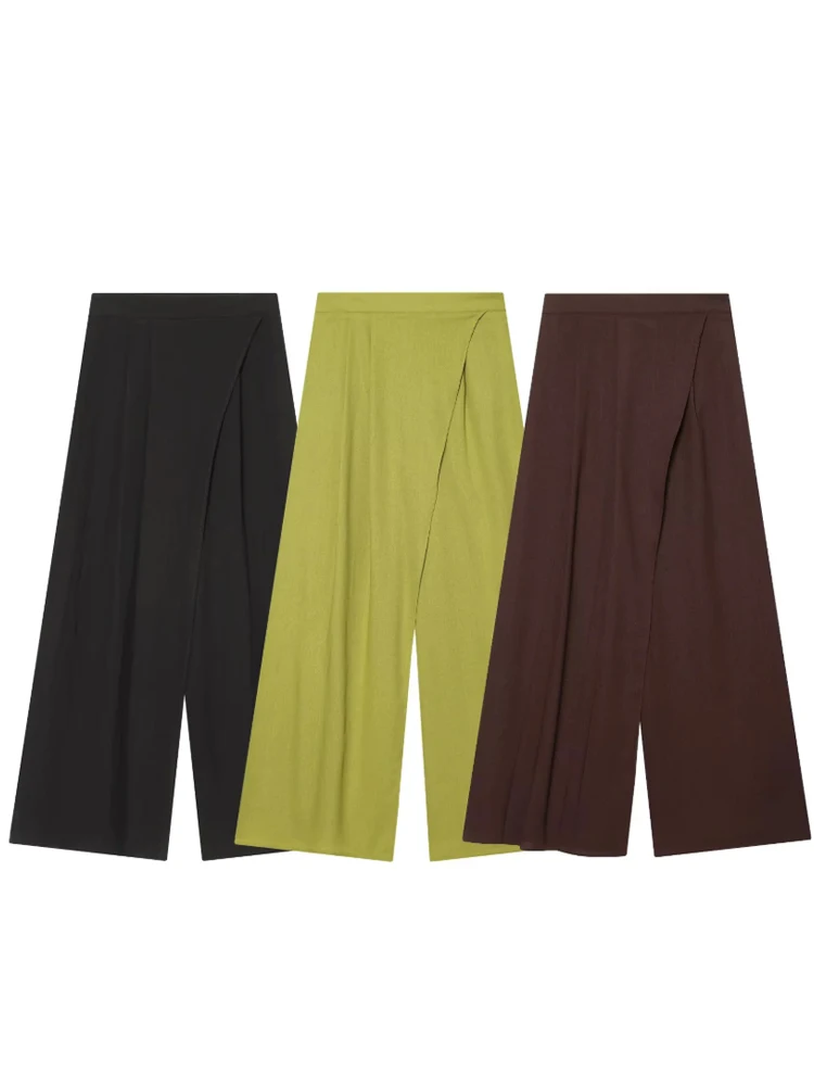 Solid Color  Front Slit Linen Long Pants Casual Mid Waist Relaxed Fit Outer Trousers 2026 Spring Street Vacation Casual Slacks