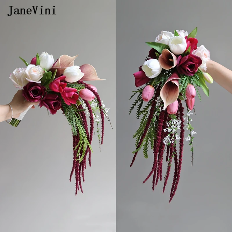 JaneVini New Pink Tulip Waterfall Bridal Bouquets Artificial Burgundy Silk Roses Flowers Cascading Bouquet Accessories for Bride