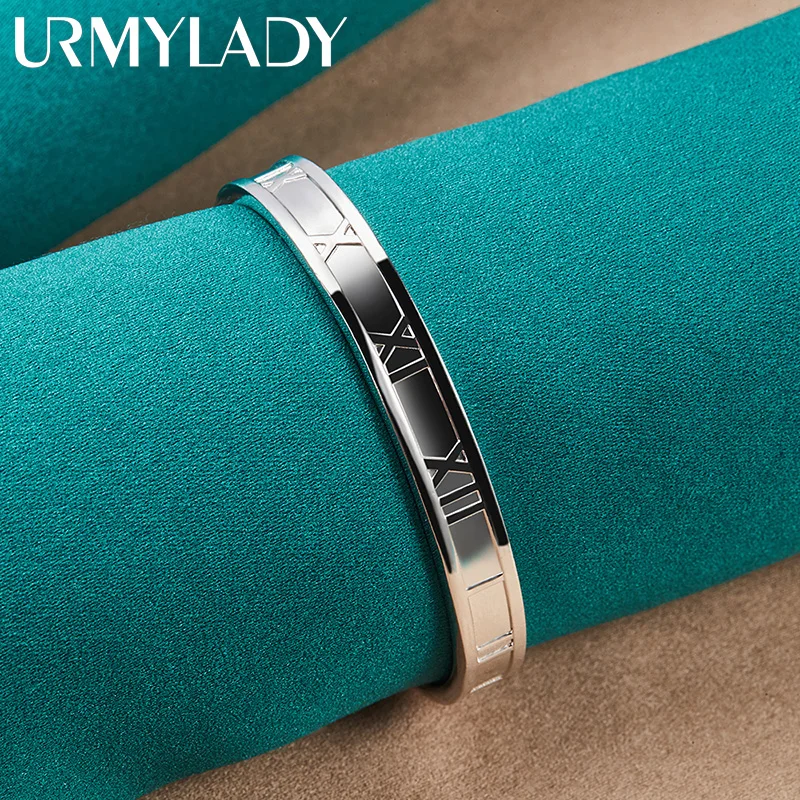 

URMYLADY 925 Sterling Silver 7MM Round Roman Numerals Bangle Cuff Bracelet For Women Fashion Wedding Party Charm Jewelry