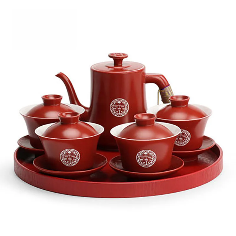 

Красный керамический чайный сервиз с сервировочным подносом, чайник Gaiwan, фарфоровые свадебные принадлежности, сувенирный подарок для новорожденных, китайский подарок