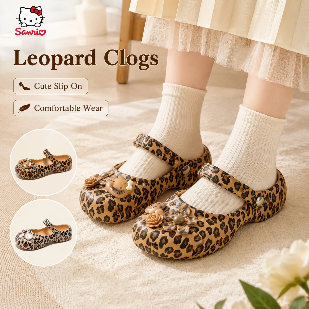 Sanrio Hello Kitty Leopard Print Clogs Kawaii DIY Non-Slip Outdoor Beach Shoes Cute Slippers for Women