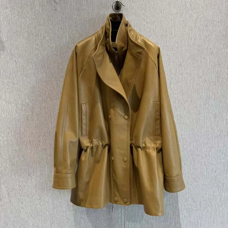 Casaco de pele de carneiro real primavera e outono feminino comprimento regular plissado design de alta qualidade outerwear feminino jaqueta de couro genuíno