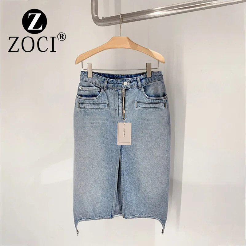 ZOCI rok Denim pas badan wanita, rok Denim setengah ritsleting, pinggang tinggi menengah, pas badan, Pasar Baru