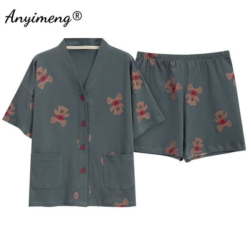 5XL Sommer Plus Größe Kimono Strickjacke Frauen Pyjama Gestrickte Baumwolle Nachtwäsche Nette Druck Nachtwäsche Freizeit Loungewear Casual Pjs