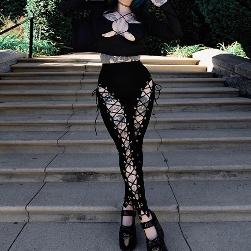 

Halloween Subculture Women's Clothing Punk Style New Design Dark Hot Girl Hollow Out Strap Y2K Slimming Cropped Pants Ladies