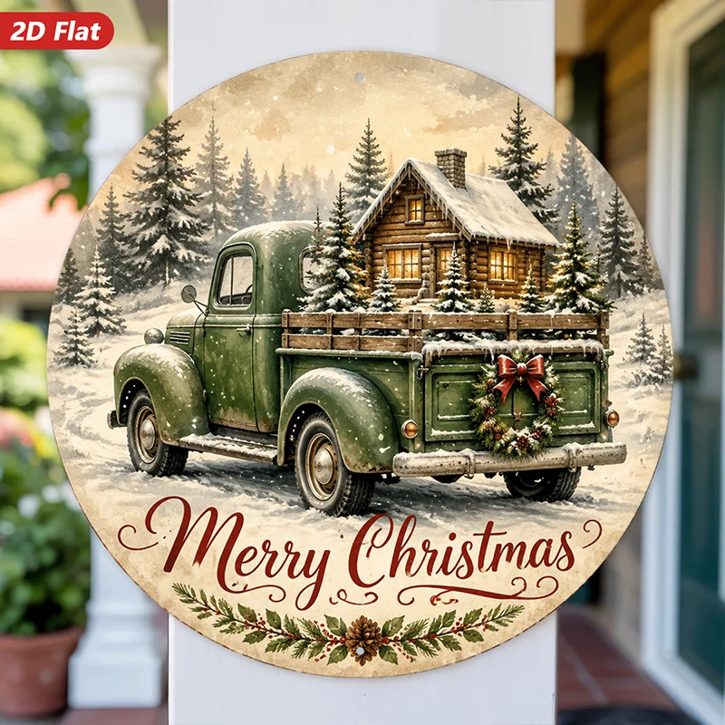 2D Flat, 1pc Vintage Christmas Truck Round Metal Sign Wall Art, Green Pickup with Cabin, Snowy Pine Trees, Red Bow Wreath, Merry