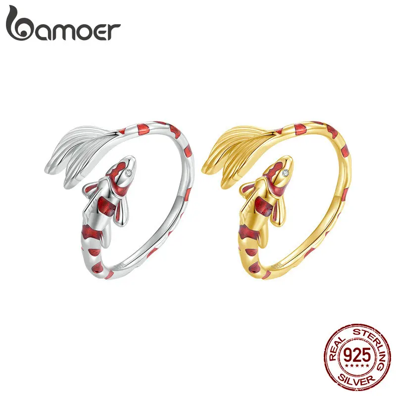 Bamoer 925 Sterling Silver Red Enamel Koi Opening Ring Lucky Fish Tail Adjustable Ring for Women Teens Birthday Wishes Gift