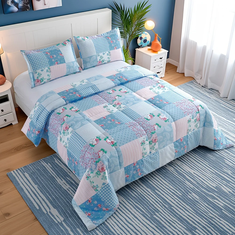 

2/3pcs Luxury Comforter Set, Blue Checkered Floral Design, Lightweight Quilt Set For All Seasons, Super Soft Bedding Set For Dee